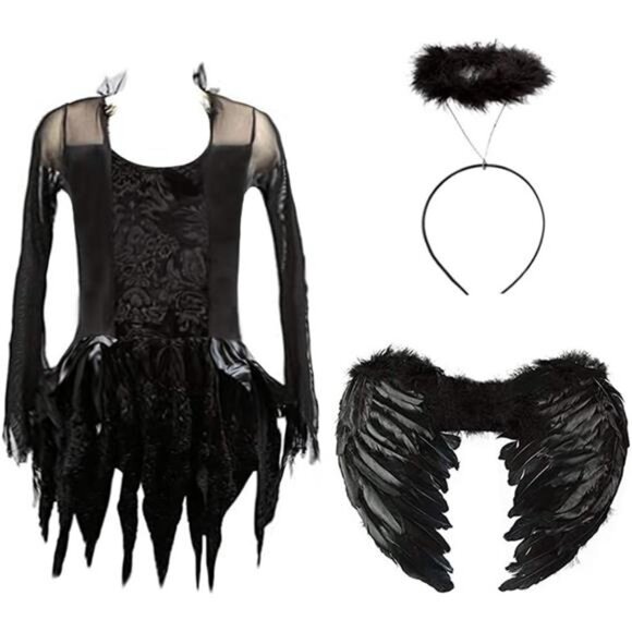 Kids Girls Fallen Angle Costume Black Fancy Party Dress with‎ Headband and Wings - Picture 4 of 4